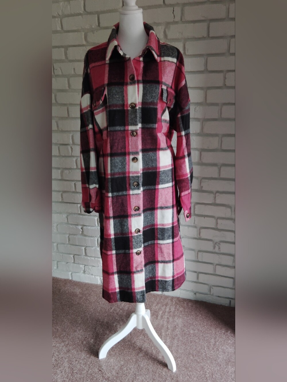 NWT Plaid Button-Front Shacket in Pink and Black